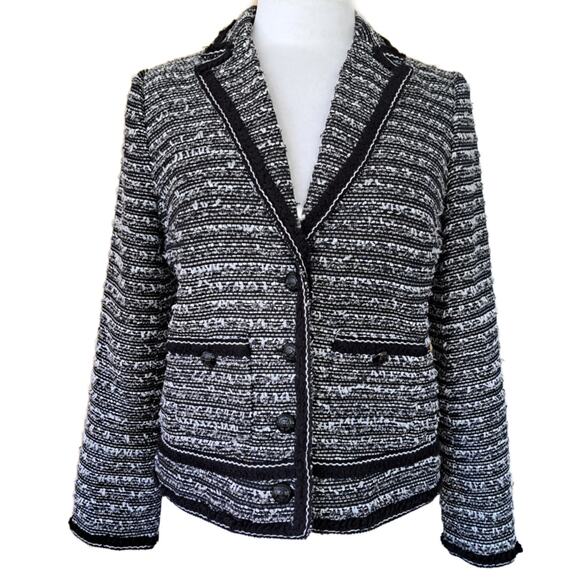 TALBOTS Black White Fringe-Trim Tweed Jacket Blazer Size 4P - Picture 2 of 12